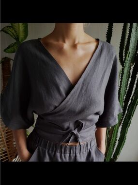 Washed Blue Charcoal Wrap Blouse with Tie Front